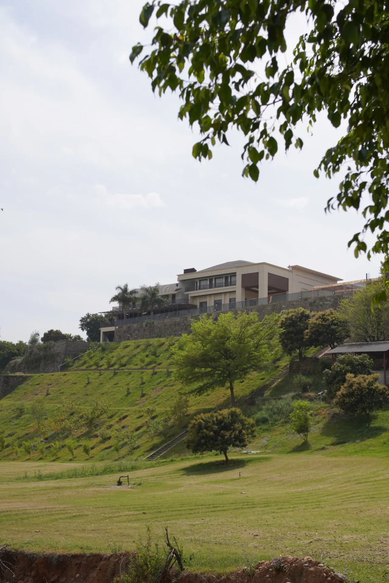 Wide view of the green 60-acre grounds at Spring Hill Resort, Pathankot